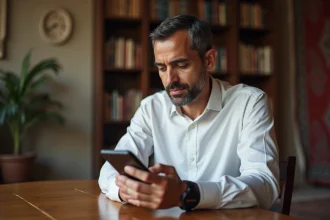 Homme musulman vérifiant les horaires de prière sur smartphone