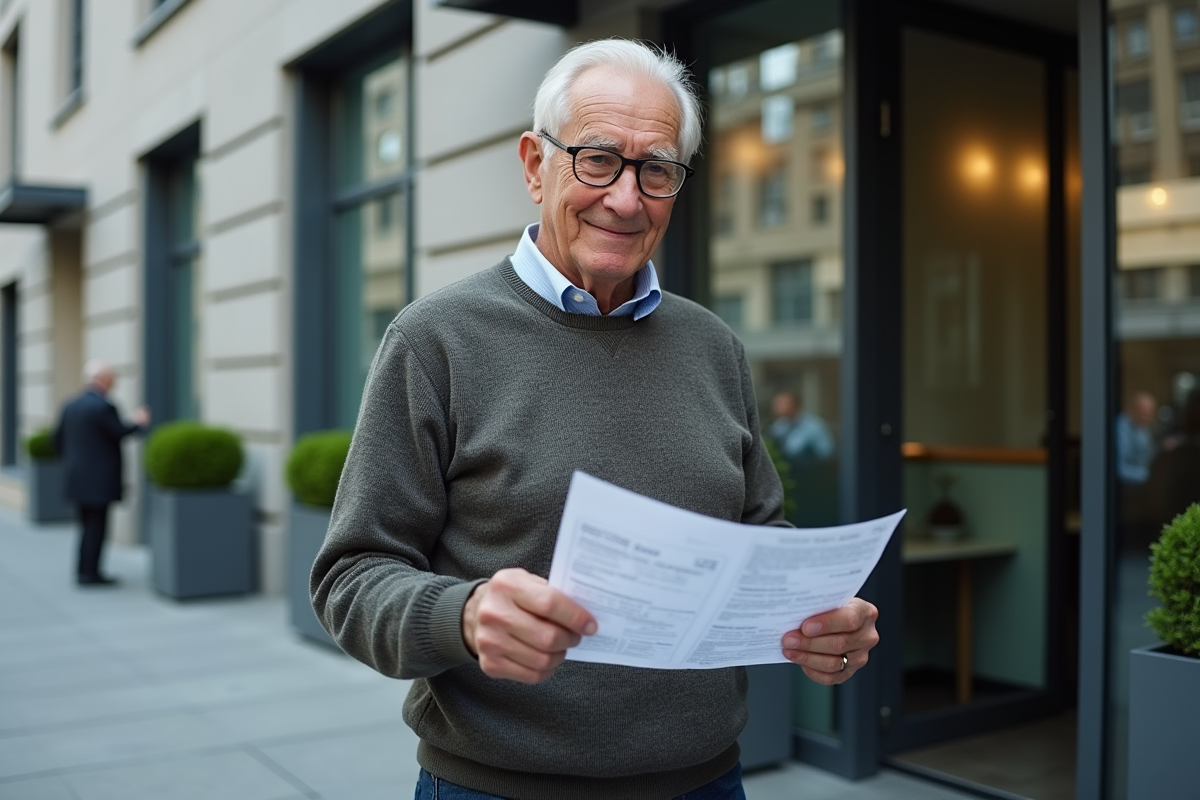 Homme âgé vérifiant une déclaration de pension devant un bâtiment officiel