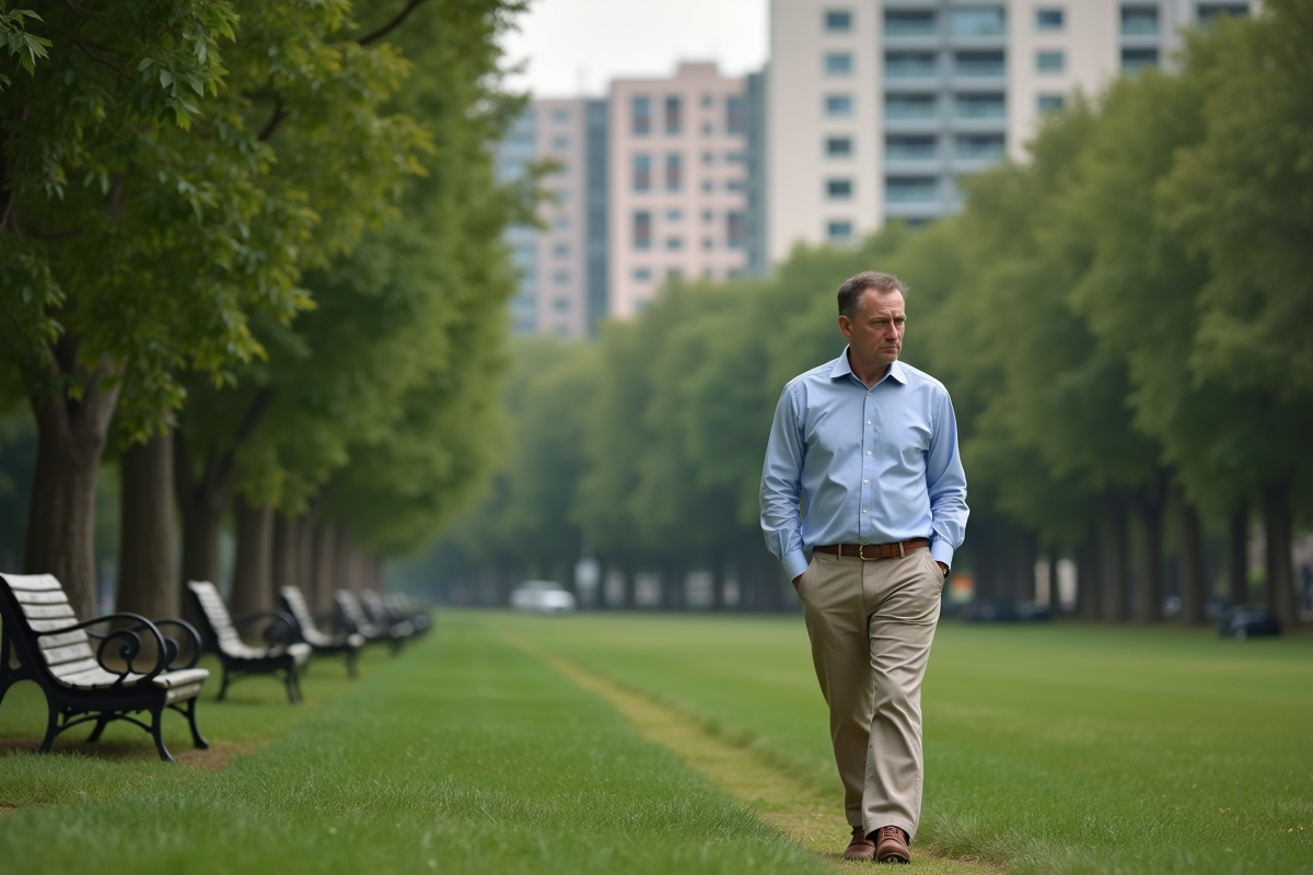 Homme méditatif se promenant dans un parc urbain