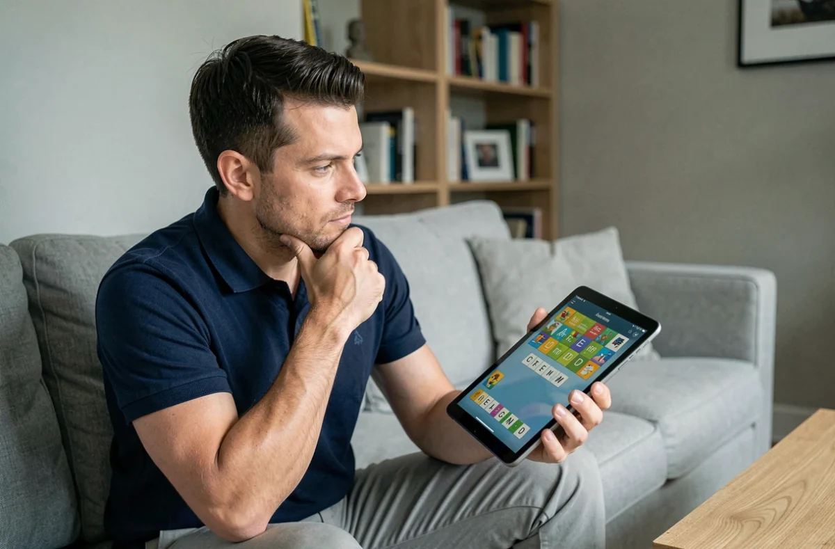 Homme en train de réfléchir à la solution d'un jeu de mots 4 Images 1 Mot sur tablette dans un salon moderne