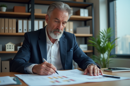 Homme d'âge moyen examinant un relevé de revenu locatif dans un bureau moderne