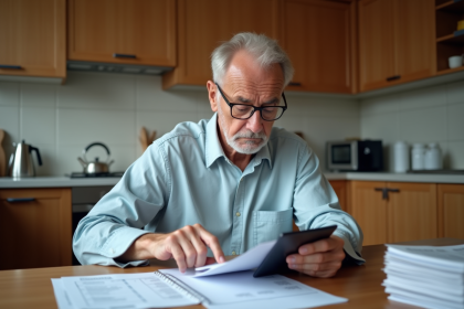 Homme d age examine une declaration de pension