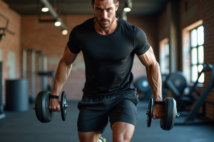 Homme musclé portant des haltères dans une salle de sport