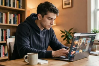 Jeune homme naviguant sur un site de streaming en ligne depuis son bureau à domicile avec un laptop moderne
