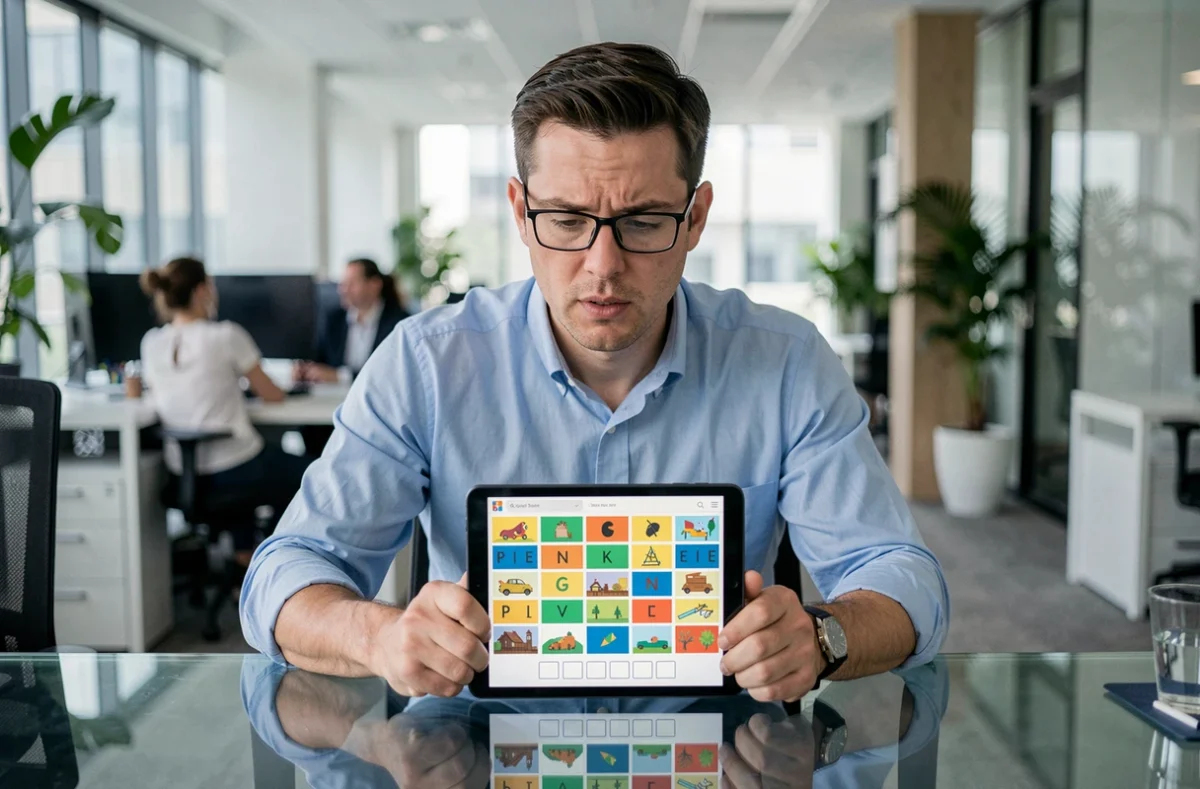 Homme en bureau moderne consultant une tablette pour trouver la solution en 7 lettres au jeu 4 Images 1 Mot