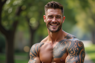 Homme souriant avec tatouage tribal sur bras en plein air