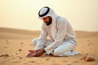 Homme musulman effectuant le tayammum en posant les mains sur le sol sablonneux dans un environnement désertique