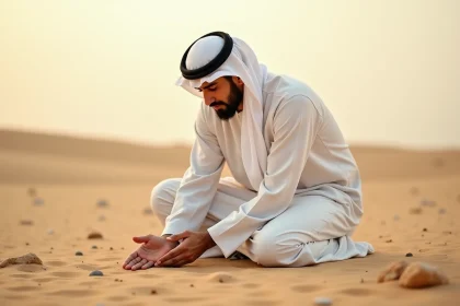 Homme musulman effectuant le tayammum en posant les mains sur le sol sablonneux dans un environnement désertique