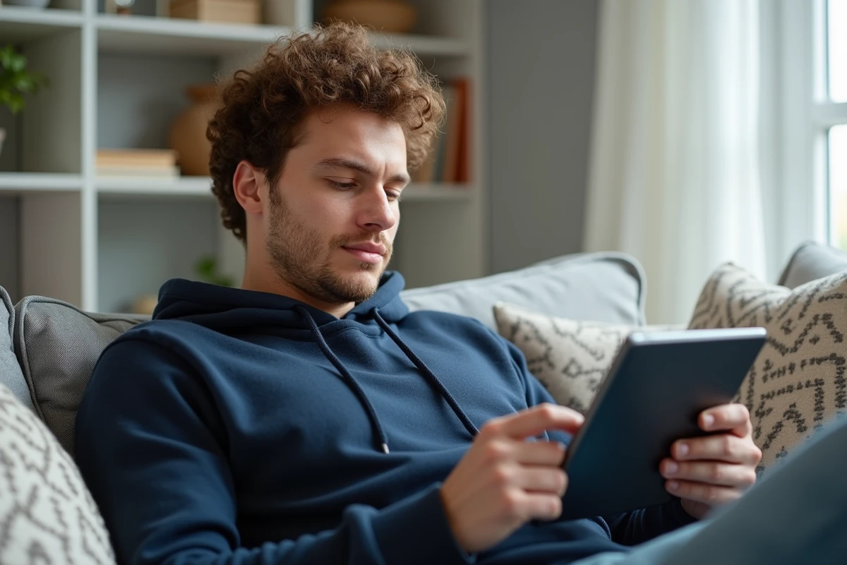 Homme utilisant le tchat Chérie FM sur une tablette en position détendue dans un salon contemporain