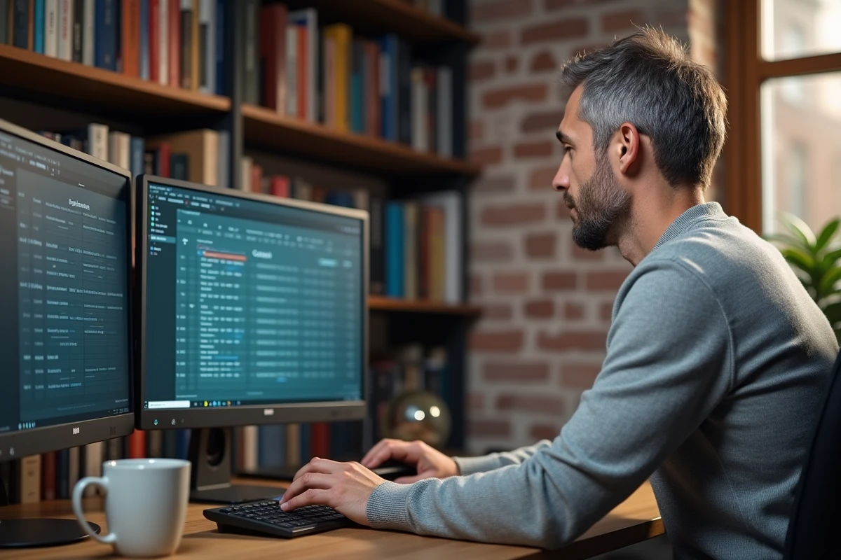 Homme en télétravail consultant un logiciel de suivi du temps avec conversion des minutes en centièmes sur double écran