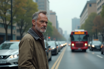 Homme d'âge moyen contemplant la circulation urbaine
