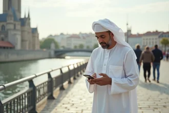 Homme consultant les horaires de prière de Nantes sur son smartphone au bord de la Loire avec la cathédrale en arrière-plan