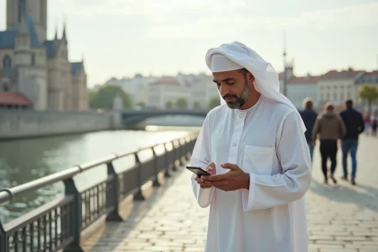 Homme consultant les horaires de prière de Nantes sur son smartphone au bord de la Loire avec la cathédrale en arrière-plan