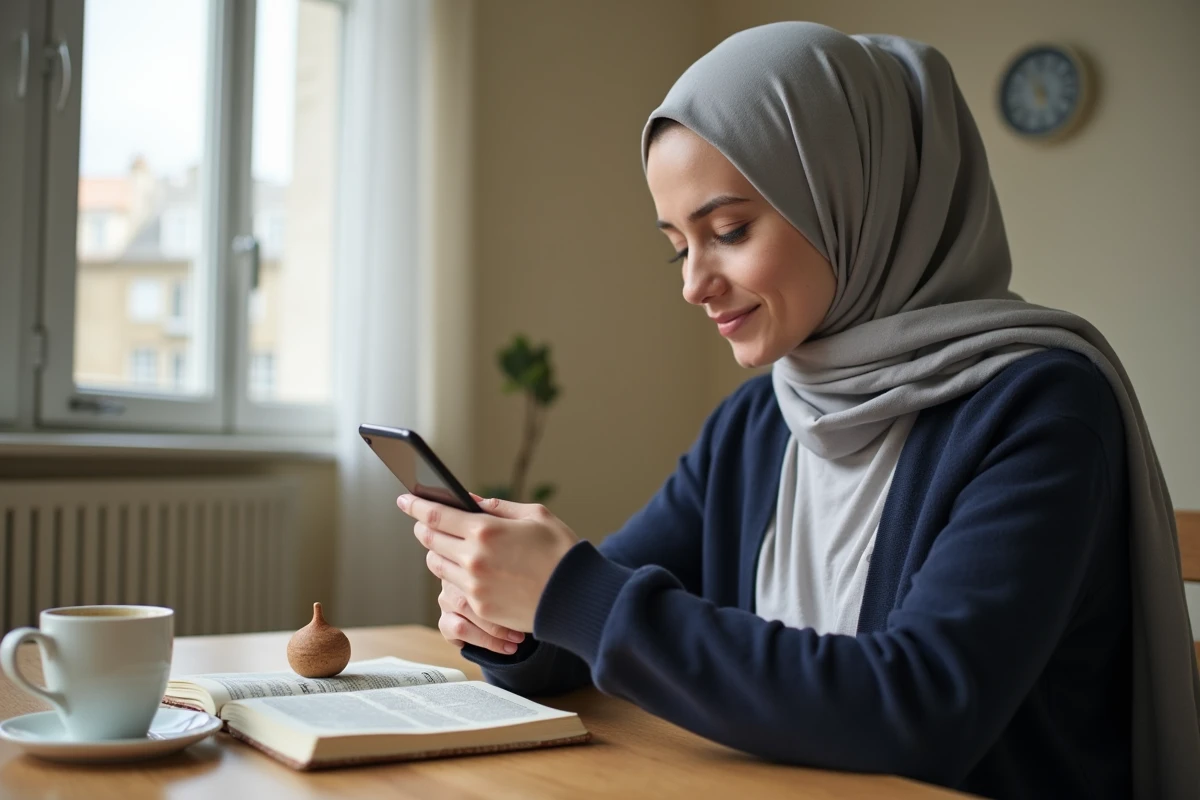 Femme musulmane consultant les horaires de prière sur son téléphone dans un appartement d'Argenteuil