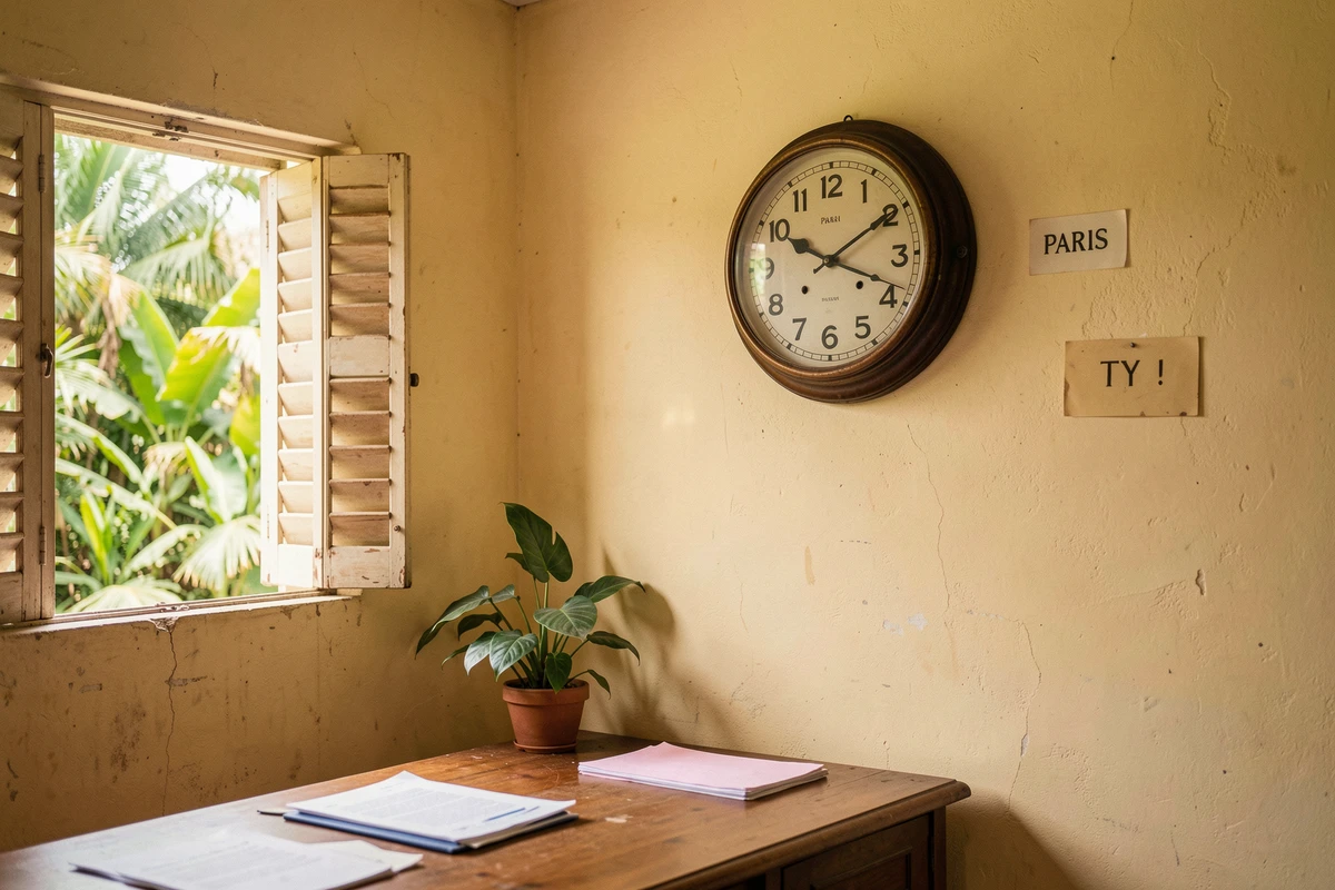 Deux horloges murales comparant l'heure de Guyane française et l'heure de Paris en hiver, illustrant le décalage horaire entre la métropole et l'outre-mer