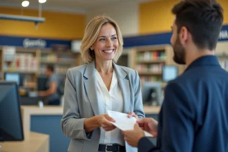 Femme remettant des documents imprimés à un agent La Poste au guichet
