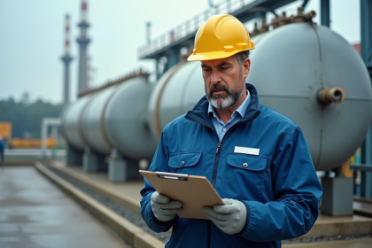 Ingénieur homme en extérieur près d'un réservoir d'hydrogène