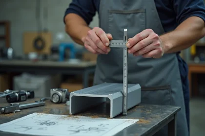 Métallurgiste inspectant un tube carré en aluminium pour détecter une déformation dans un atelier industriel