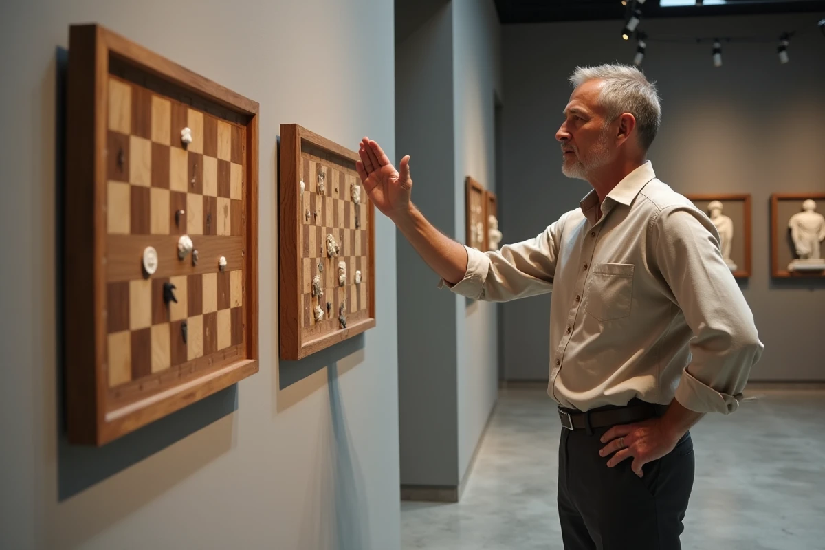 Érudit masculin analysant un échiquier mural inspiré de la statuaire grecque antique dans une galerie muséale moderne, symbolisant l'intelligence tactique d'Athéna