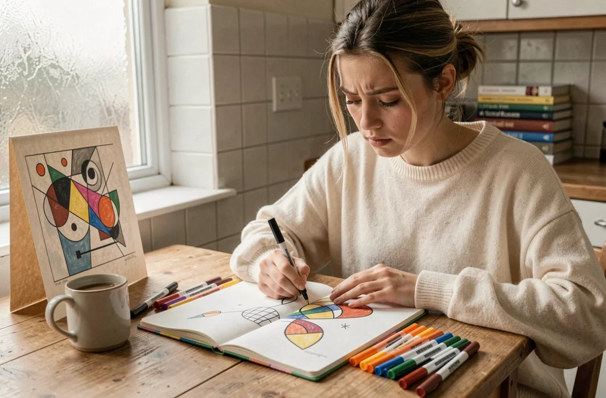 Une jeune femme débutante tente de reproduire de l'art abstrait dans son carnet de croquis à la maison en s'inspirant d'un tableau de référence