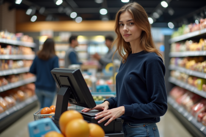 Jeune femme à la caisse d'un supermarché en train de scanner des produits