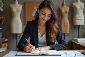 Jeune femme dessinant des créations de mode dans un studio
