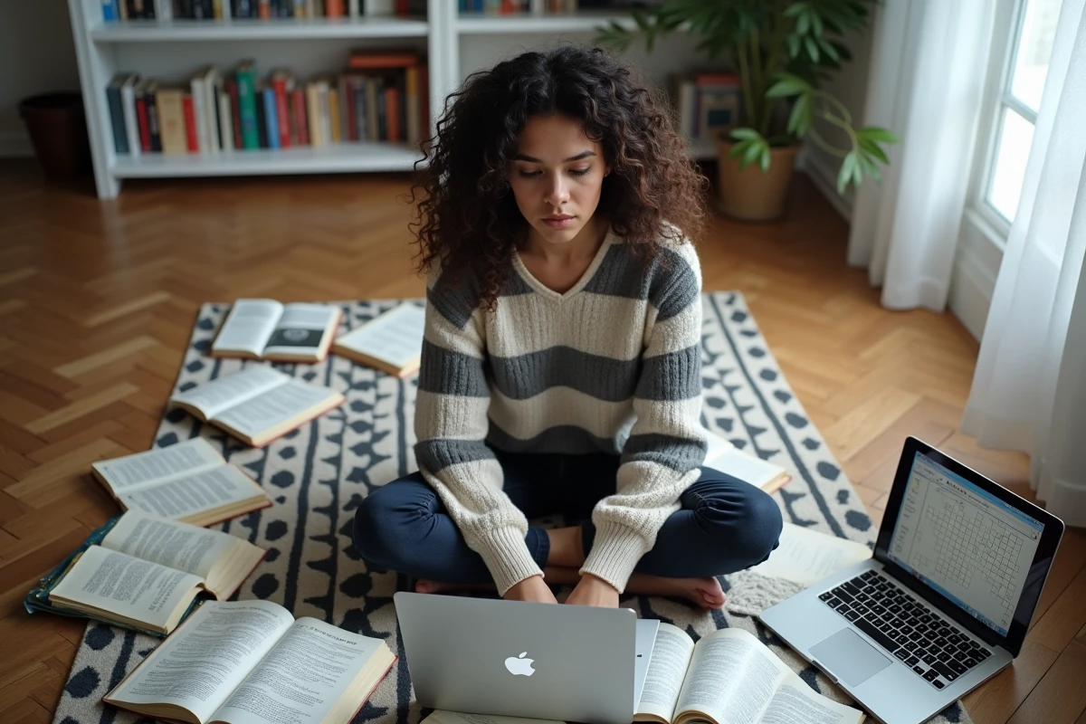 Jeune femme entourée de dictionnaires cherchant des noms de villes italiennes pour mots croisés