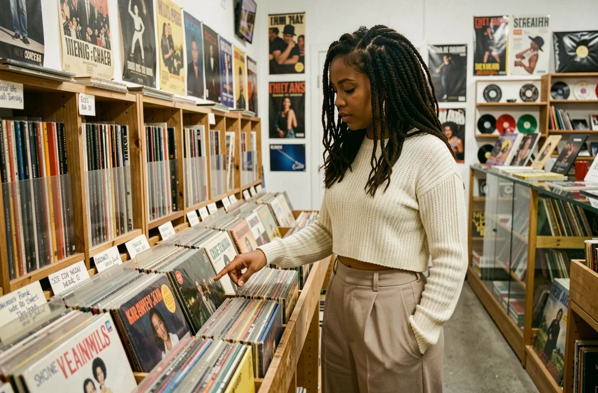 Jeune femme découvrant la musique d'Oskoow dans un magasin de disques indépendant en parcourant des vinyles