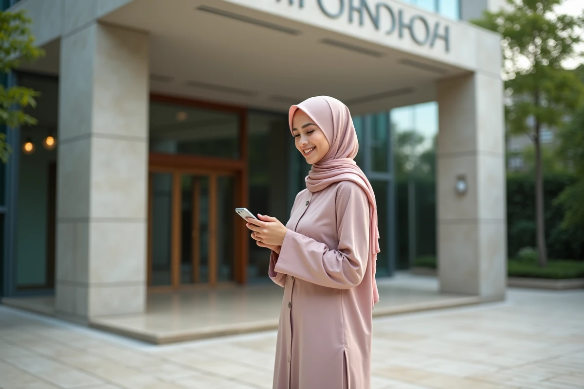 Jeune femme musulmane vérifiant prière devant mosquée moderne