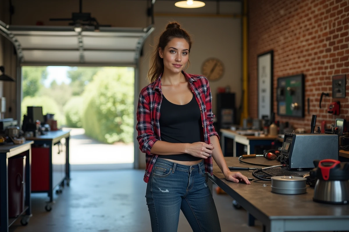 Jeune femme en flanelle organise ses outils de soudure dans l