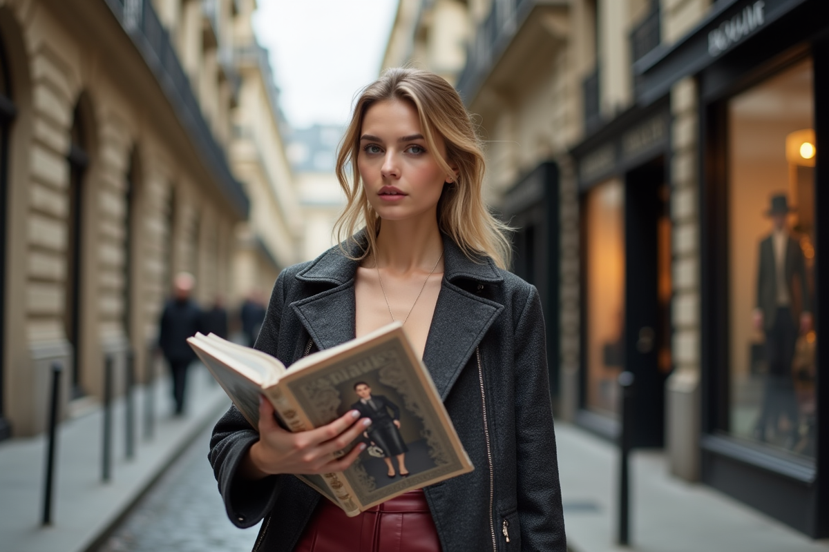 Jeune femme moderne avec magazine dans une rue parisienne