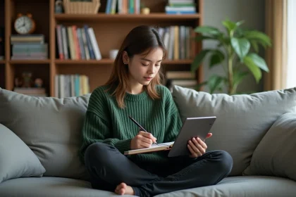 Jeune femme assise sur un canapé avec tablette et manga