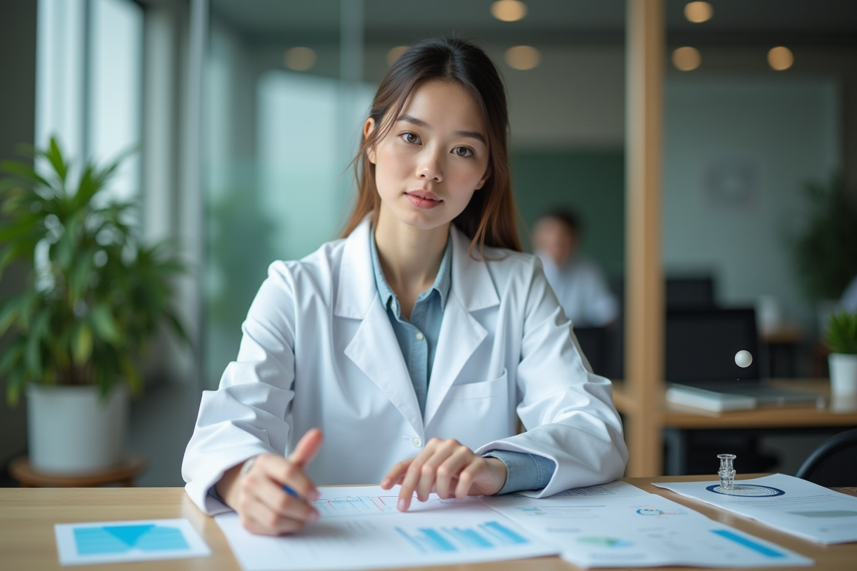 Jeune femme scientifique analysant des données en laboratoire
