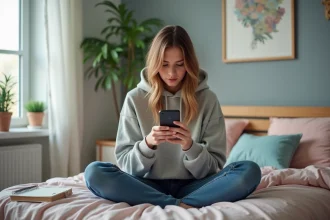 Jeune femme frustrée regardant son smartphone dans sa chambre