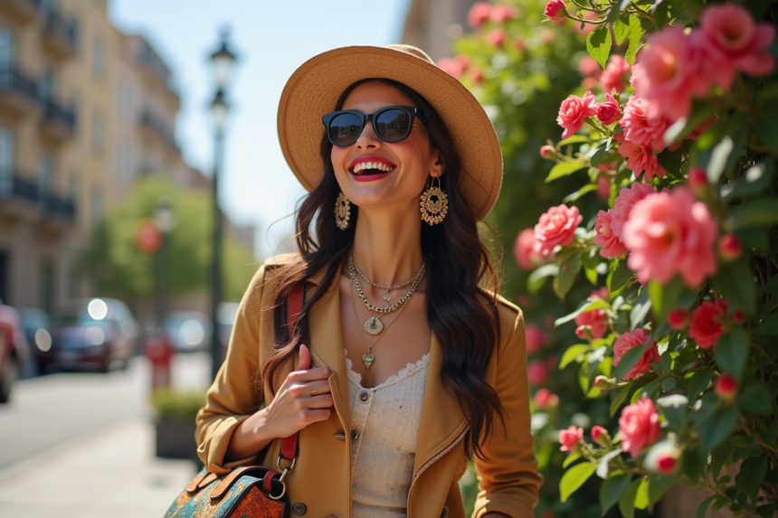 Jeune femme souriante avec chapeau et sac coloré en extérieur