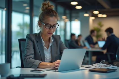 Jeune femme en bureau avec gadgets futuristes et tablette