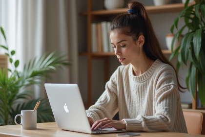 Jeune femme concentrée travaillant sur son ordinateur à la maison