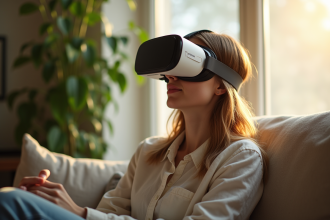 Jeune femme avec casque VR dans un salon cosy