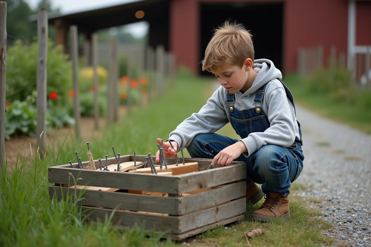 Jeune garçon assemblant une petite caisse en bois dans la ferme