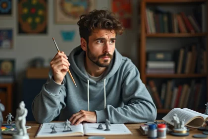 Jeune homme assemble miniatures warhammer dans son bureau