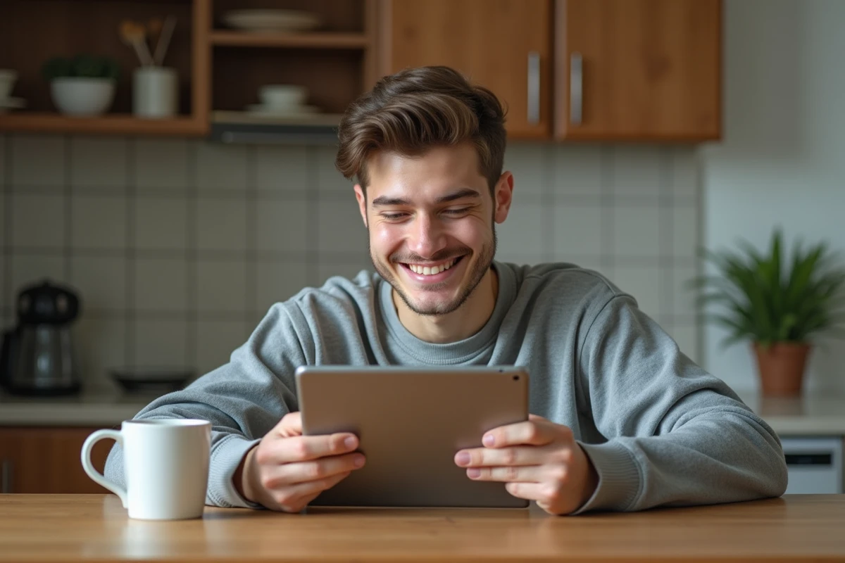 Jeune homme détendu envoyant un email depuis une tablette à la maison