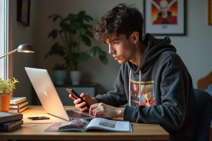 Jeune homme concentré lisant manga sur son ordinateur