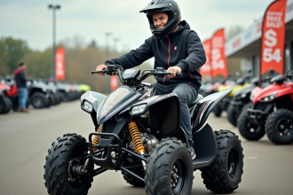 Jeune homme en motocross souriant sur un quad dans un concessionnaire