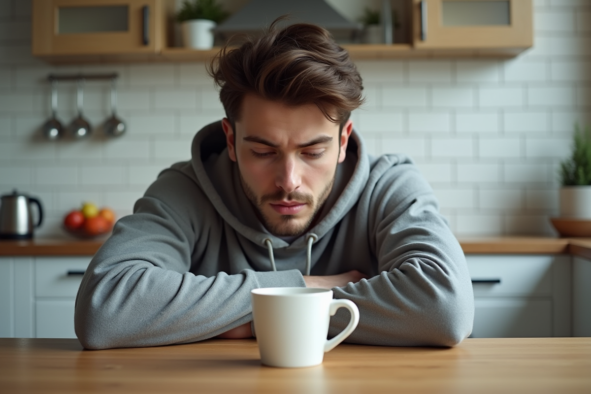 Jeune homme pensif avec tasse dans une cuisine moderne