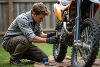 Jeune homme nettoyant la chaîne d'une dirtbike dans le jardin