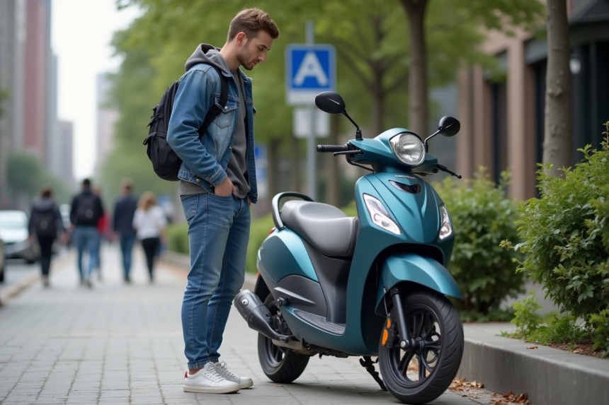 Jeune homme examine un scooter 50cc en ville