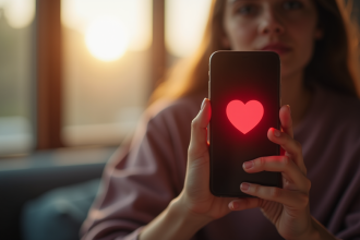Jeune personne tenant un smartphone avec un cœur rouge brillant