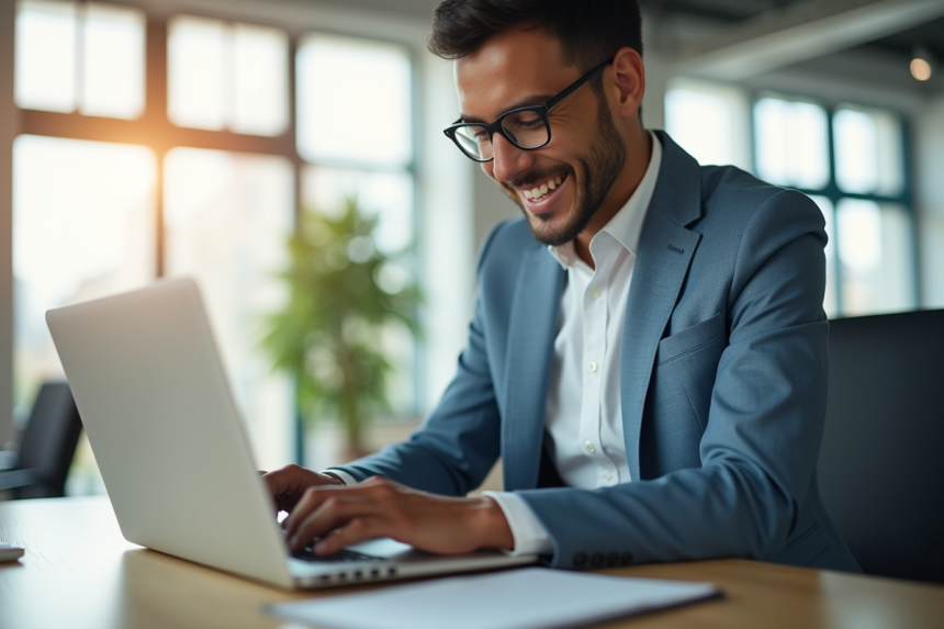 Jeune professionnel confiant travaillant sur un ordinateur dans un bureau lumineux