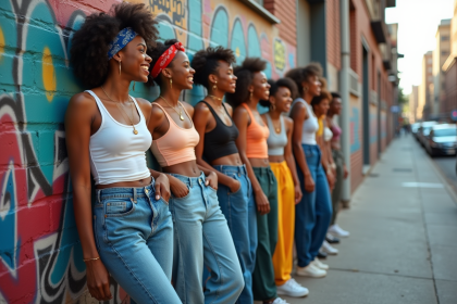Groupe d'amis jeunes dans un décor urbain années 2000