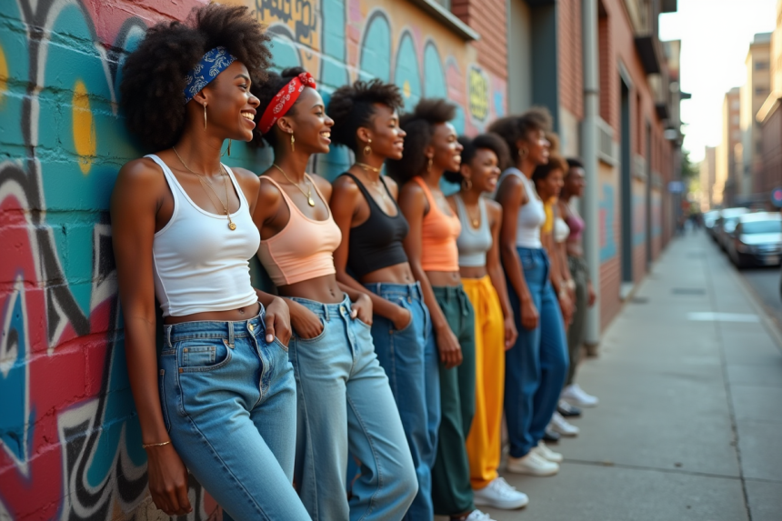 Groupe d'amis jeunes dans un décor urbain années 2000